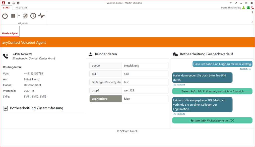 Agent View im Voxtron Client mit Routingdaten, Kundendaten und Gesprächsverlauf